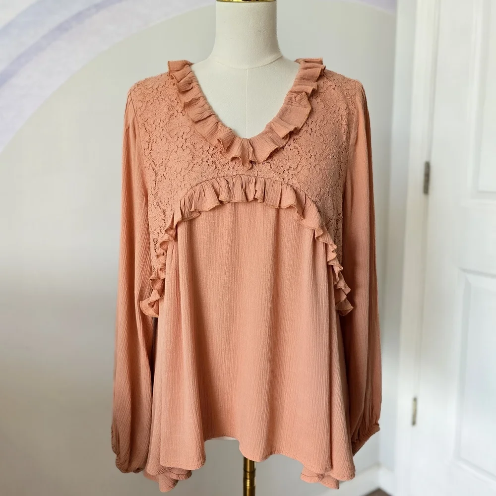 ODDY | Large | Peach Floral Lace Ruffle Babydoll Top - Picture 1 of 9
